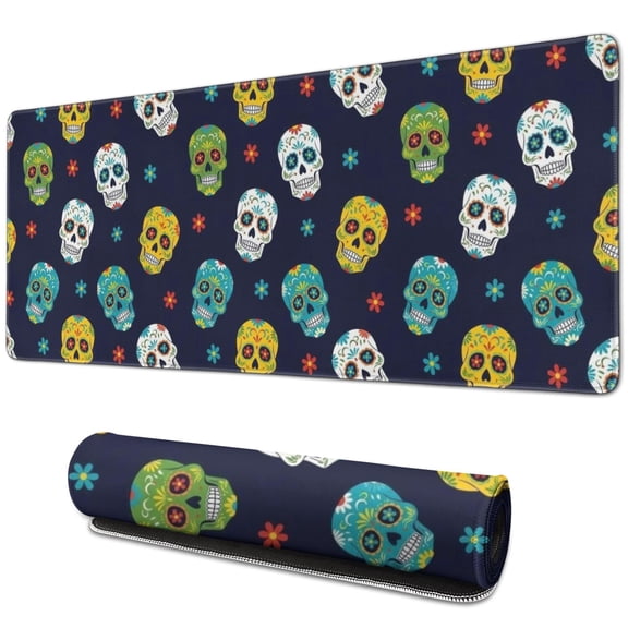 Long Mouse Pads for Desk,Navy Colorful Skull Pattern Desk Mats on Top Of Desks, Desk Mouse Pad Extra Large with 3mm Non-Slip Base and Stitched Edge for Gaming,Office,Work,Home 31.5"x11.8"