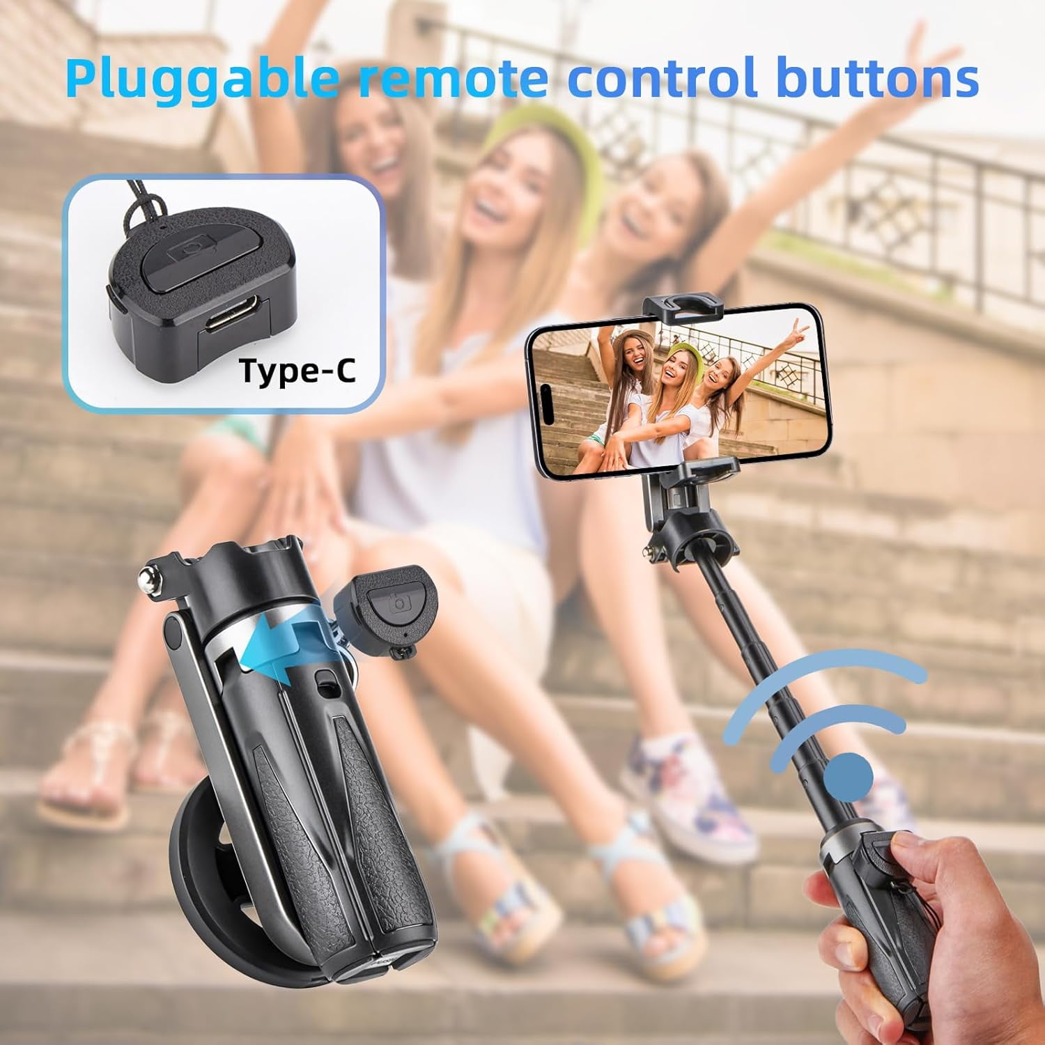 for Magsafe Tripod Stand for iPhone,Portable Pocket Size Selfie Stick with Rechargeable Remote and Metal Ring,Extendable Detachable Cell Phone Tripod Compatible with iPhone/Android