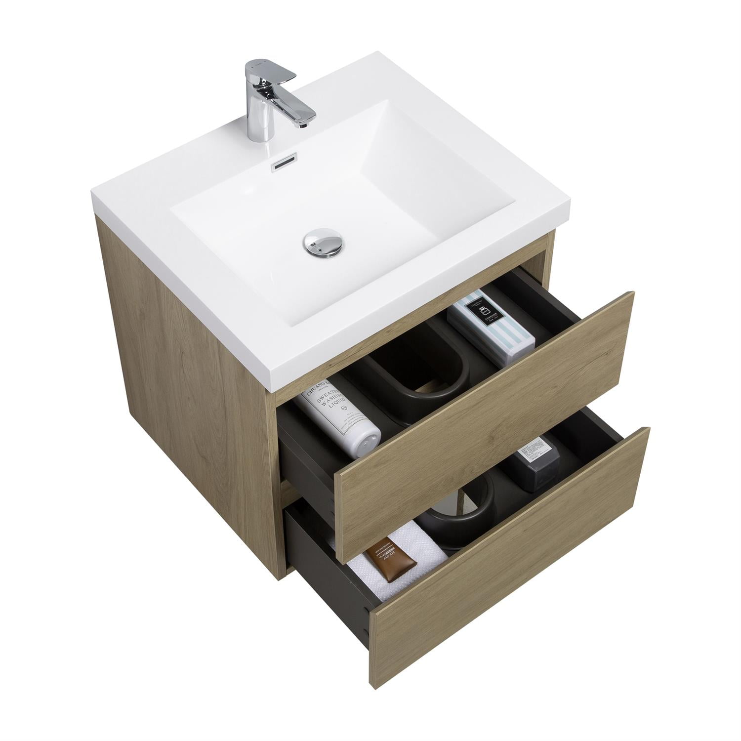 Demi Bonn 24" Floating Bathroom Vanity with Sink, Resin Top Basin and 2 Soft Close Drawers, Faucets and Drains Not Included, Brown