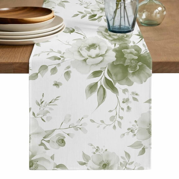 Sage Green Flower Table Runner, Watercolor Gradient Retro Floral Washable Cotton Linen Table Runners 60 Inches Long, Dresser Scarf Runner for Coffee/TV Stands/Kitchen/Cabinets 13''x60''