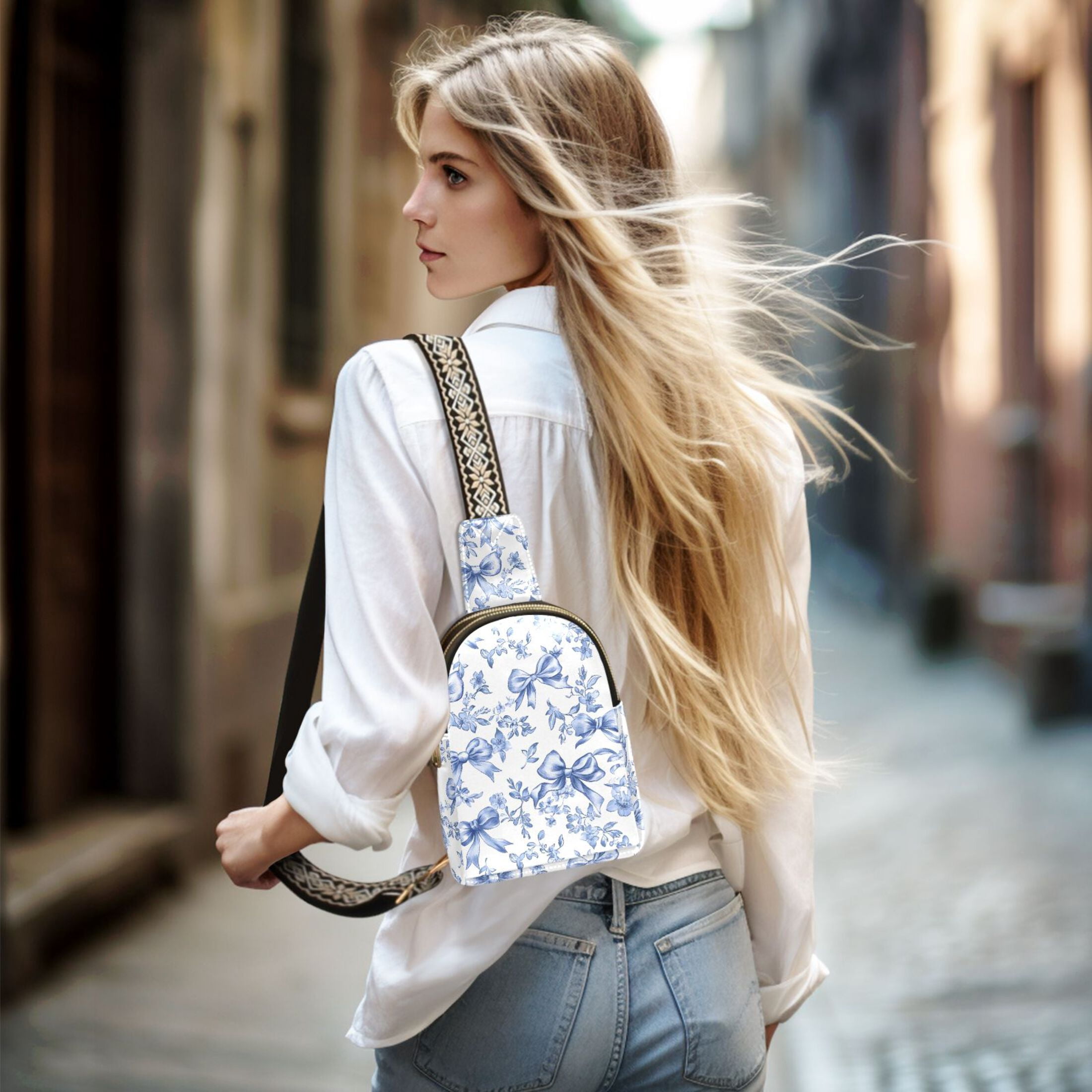 ALAZA Vintage Bows Blue Sling Bag for Women Men Waterproof Crossbody Chest Bags