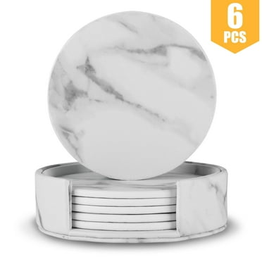 EEEkit 6pcs PU Leather Coasters for Drinks with Holder, Absorbent Marble Design Round Cup Mats Protect Furniture from Damage