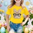 thumbnail image 2 of Little Girls Short Sleeve Shirts Cute Bunny Print T Shirt with Bow Tie Summer Casual Top Size 5-6T , Yellow, 2 of 4