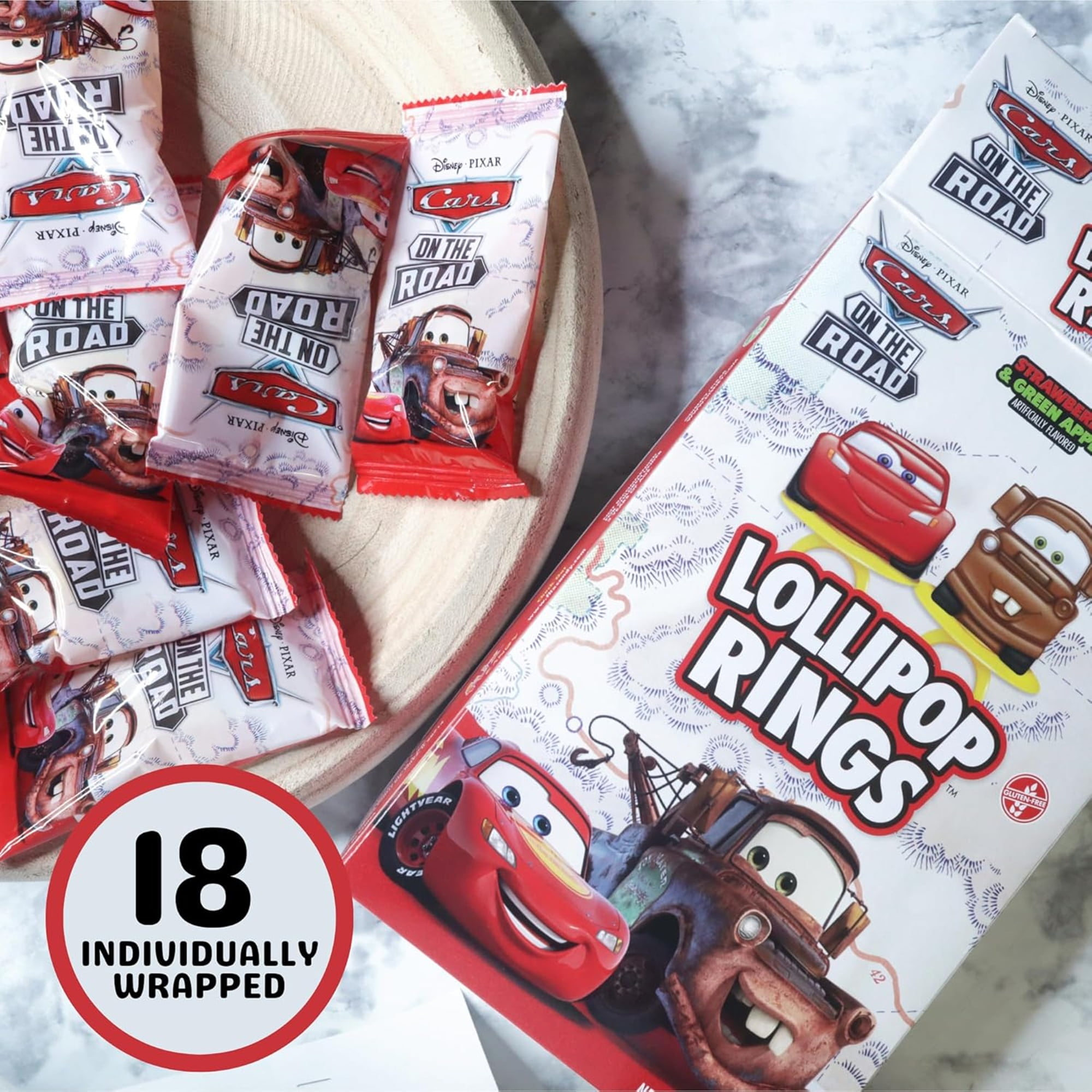 Disney Pixar Cars Lollipop Rings, Birthday Party Candy, 18 Count, 7.61 Ounce Box