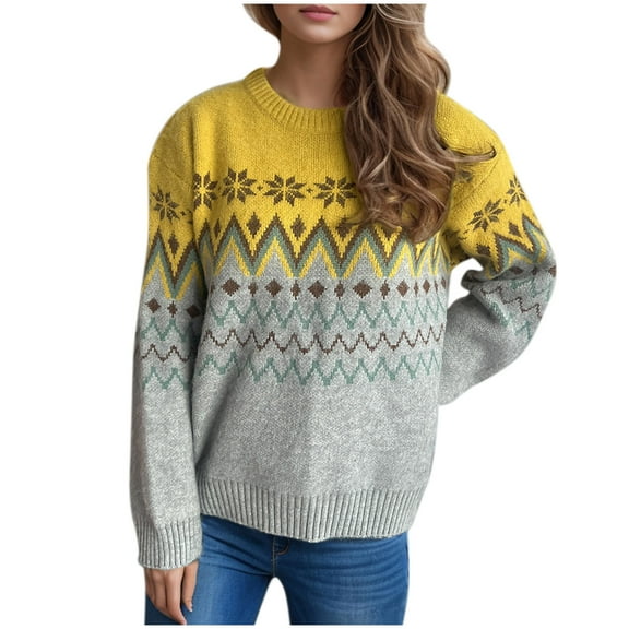 QTBIUQ Sweater Womens Fashion Fall Winter Knitted Loose Long Sleeve Blouse Round-Neck Pullover Sweater Gray