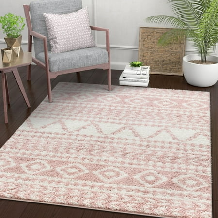 Well Woven Madison Shag Cossima Pink Ethnic Modern Shag Moroccan Tribal 5'3" x 7'3" Area Rug
