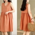 thumbnail image 4 of gljltg Women's Cotton Linen Dresses Summer Midi Sundresses Casual V Neck Button Front Pleated Loose Fit Knee Length Sleeveless Tank Dress with Pockets, 4 of 9