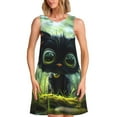 thumbnail image 1 of Easygdp Cute Big-Eyed Black Cat para Vestido Transpirable de Mujer, Vestido Suelto de Manga Corta con Pliegues y Bolsillos para el Verano, 1 of 7