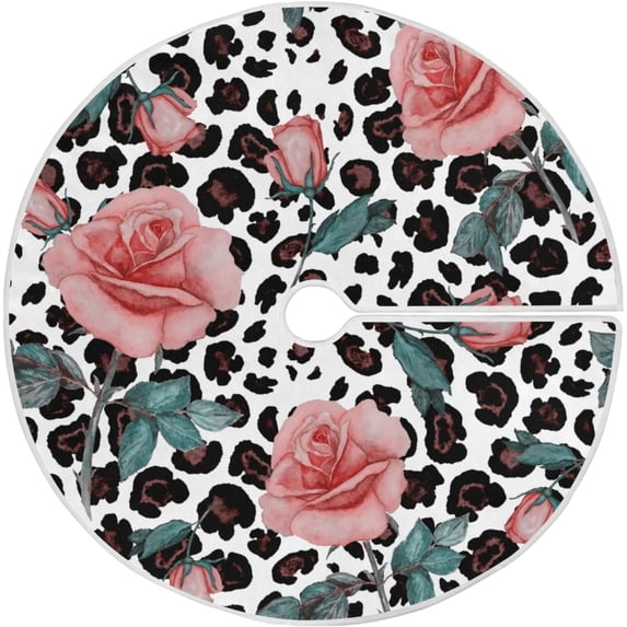 FMSHPON Watercolor Leopard Roses Pattern Xmas Christmas Tree Skirt Stand Mat for Holiday Party Decoration Indoor Outdoor 36 inches