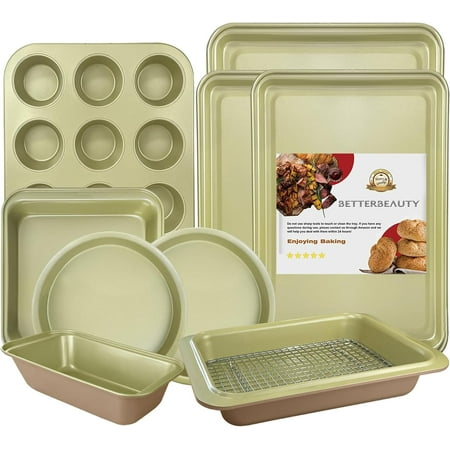 Nonstick Bakeware Set 10 Pcs, Professional Kitchen Bicolor Baking Pans Set with Cookie Sheets, Muffin Pan, Loaf Pan, Cake Pan and Cooling Rack, 0.8mm Thick/Dishwasher Safe/Heavy Duty