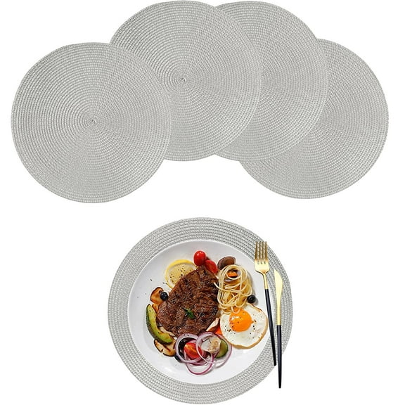NOGIS 4Pcs/lot Round Weave Placemat Fashion PP Dining Table mat Disc Pads Bowl Pad Coasters Non-Slip Waterproof Table Decoration (Gray)