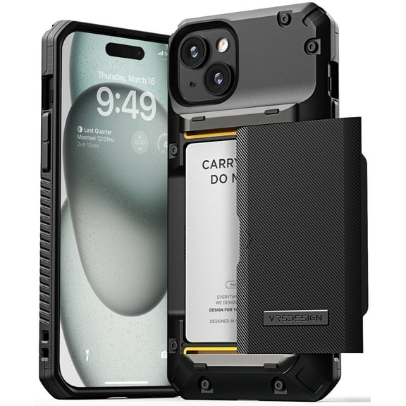 VRS DESIGN Phone Case for iPhone 15 Plus (2023), [Damda Glide Pro] Premium Sturdy Semi Auto Wallet [4 Cards] Case (Groove Black)