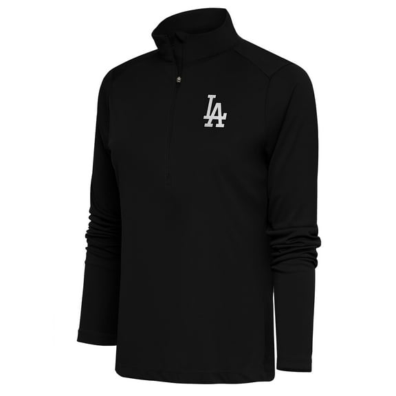 Women's Antigua  Black Los Angeles Dodgers Brushed Metallic Tribute Half-Zip Pullover Top
