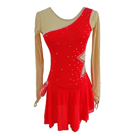 LIUHUO Custom Figure Skating Dress Girls Ladies Spandex Red with Shiny Linear Rhinestones Shoulders Chest Star shaped Waist Embellishments