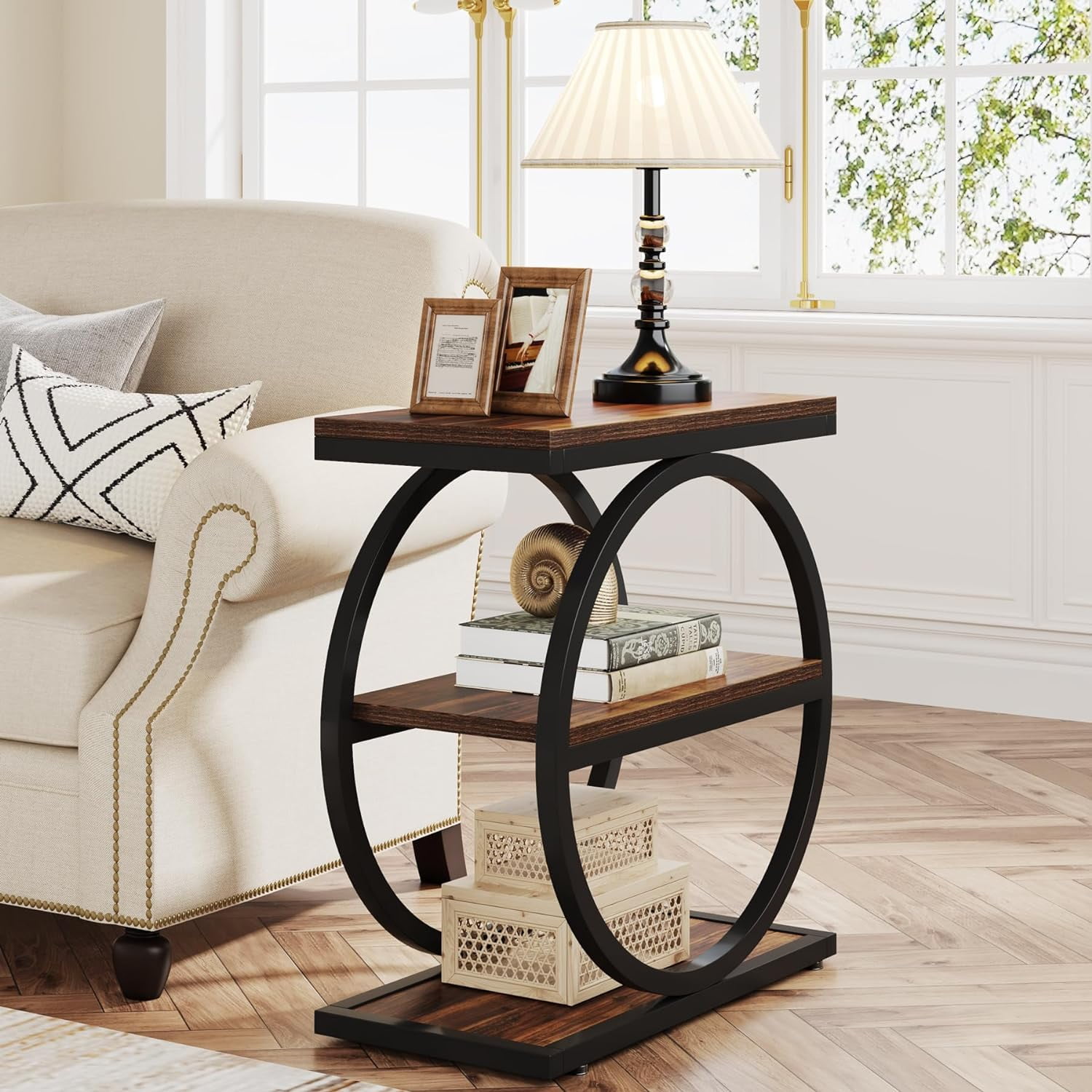 Tribesigns End Table, Wood Side Table with Black Metal Frames, Narrow End Table with 3 Storage Shelves for Living Room