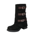 thumbnail image 2 of Women's Chunky Heel Mid Calf Boots, Belt Buckle Suede Platform Leather Boots with Breathable Lining and Lightweight Sole, Trendy Footwear for Daily Leisure, 2 of 8