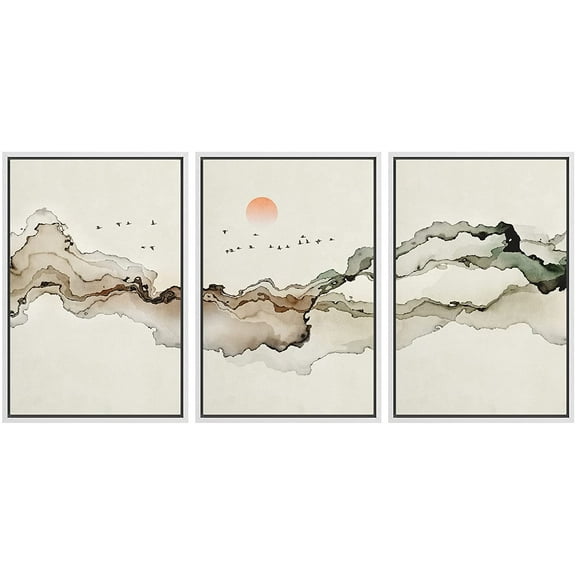 wall26 Framed Canvas Print Wall Art Geometric Watercolor Smoke Wave Bird Sky Abstract Shapes Illustrations Modern Art Decorative Boho Multicolor for Living Room, Bedroom, Office - 24"x36"x3