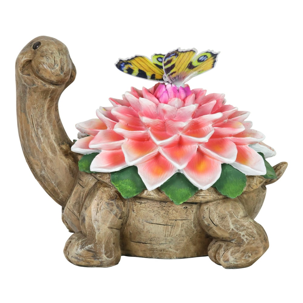 Exhart Solar Garden Turtle Statue with Fiber Optic Color Changing Butterfly, 9 inch, Resin, Pink