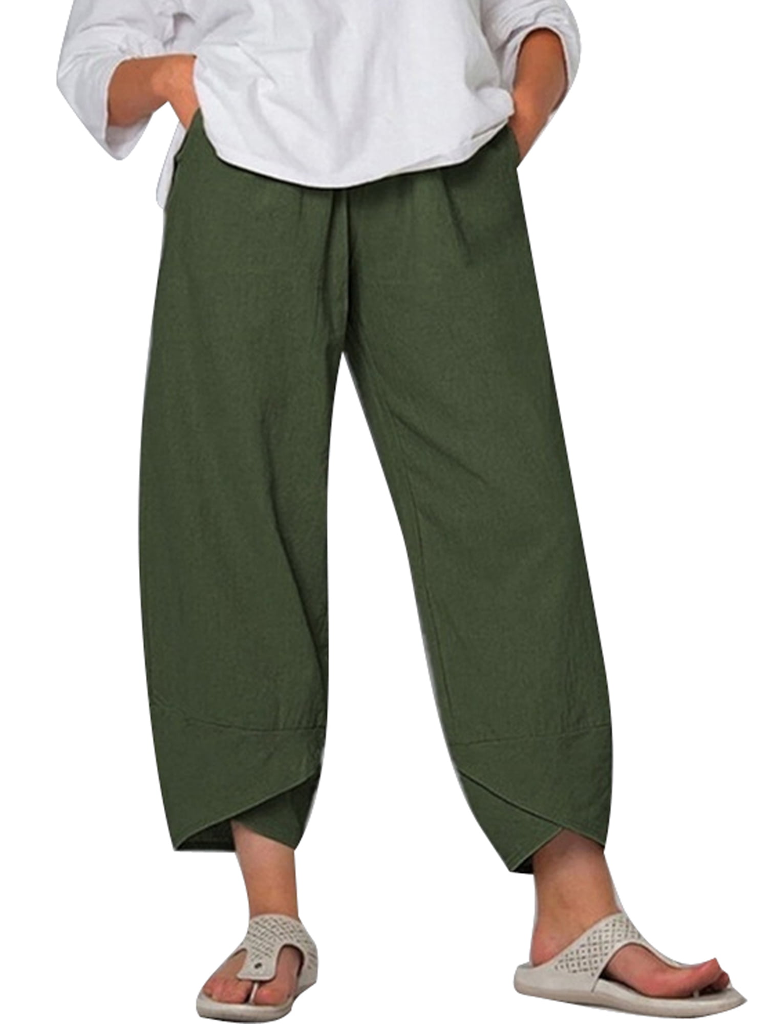 Dunacifa Women Plus Size Wide Leg Pants Solid Cotton Linen Casual Ruffled Loose Pocket Pants Bell Bottom Pants 