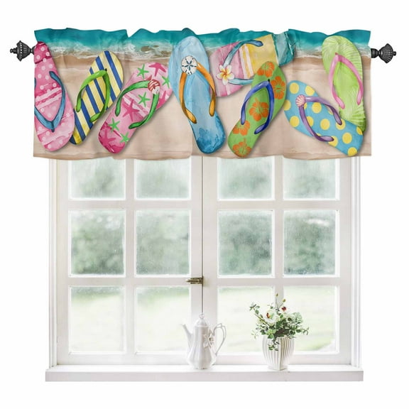 Colorful Flip Flops Kitchen Valances for Windows 42x12 Inch Kitchen Curtains Valances Rod Pocket Summer Blue Beach Ocean Bathroom Window Valances for Window Treatment Decor