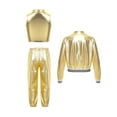 thumbnail image 2 of dPois 3Pcs Girls Metallic Hip Hop Dance Outfits Shiny Crop Top with Bomber Jacket and Pants Set Gold 16, 2 of 6