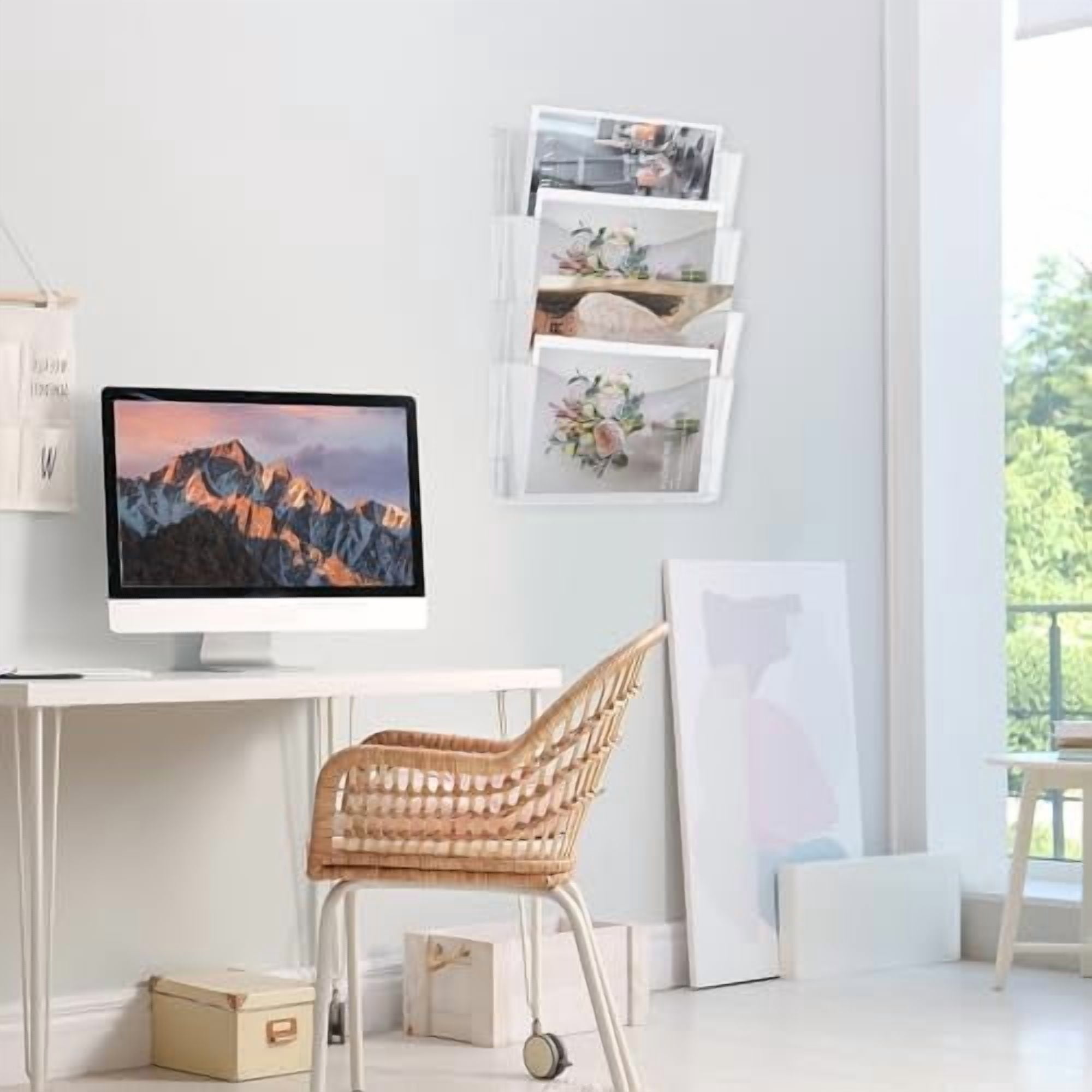 4 Pack Clear Single Pocket Hanging File Organizer, Plastic Wall Mount Paper Mails Magazines Holder, Mounted Folder Bins for Office, School and Home, 13.85x3.14x6.88 inches