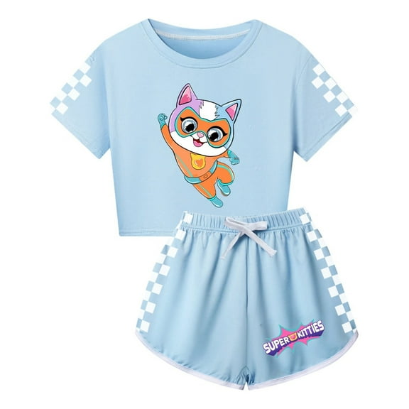 Cartoon Super-Kitties Matching Set – Girls Short Sleeve Top with Sporty Shorts – Kids Summer Playwear