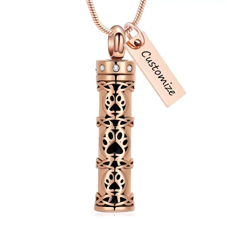 Personalize Stainless Steel Paw Print Long Bar Cylinder Urn Pendant Memory Necklace for Cremation Ashes Holder Memorial Jewelry