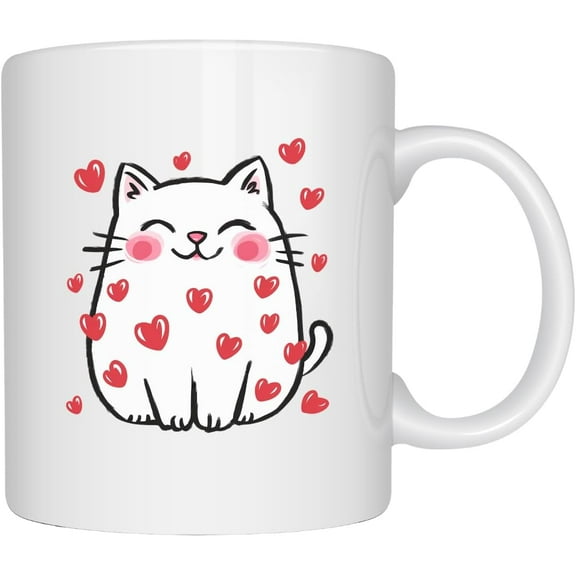 11oz Cute Cat Lover Coffee Mug – Adorable Smiling Kitty with Hearts Design Gift for Cat Owners, Animal Lovers, Valentine’s Day, Birthday, or Everyday Use