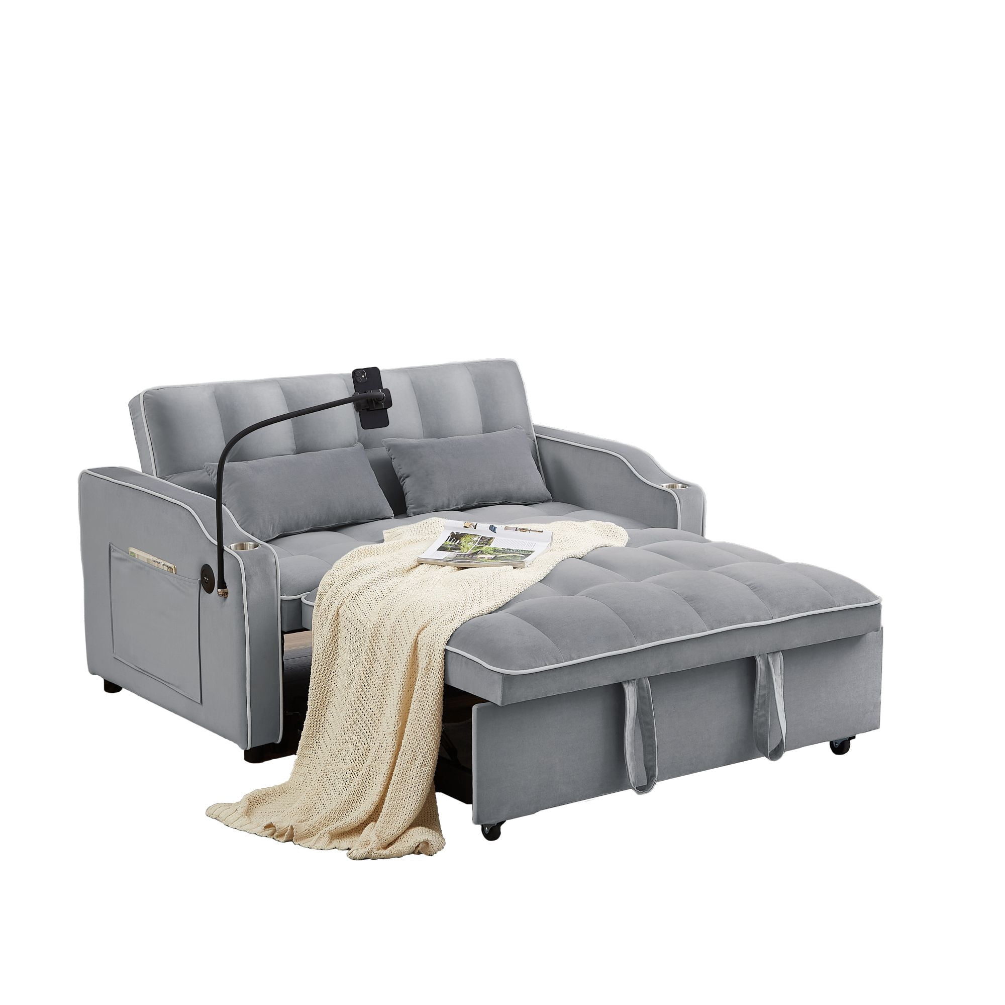 Aukfa Pull Out Sofa Bed, Convertible Loveseat Sleeper Sofa Couch with USB Port, Cup Holders and Swivel Phone Holder, Gray