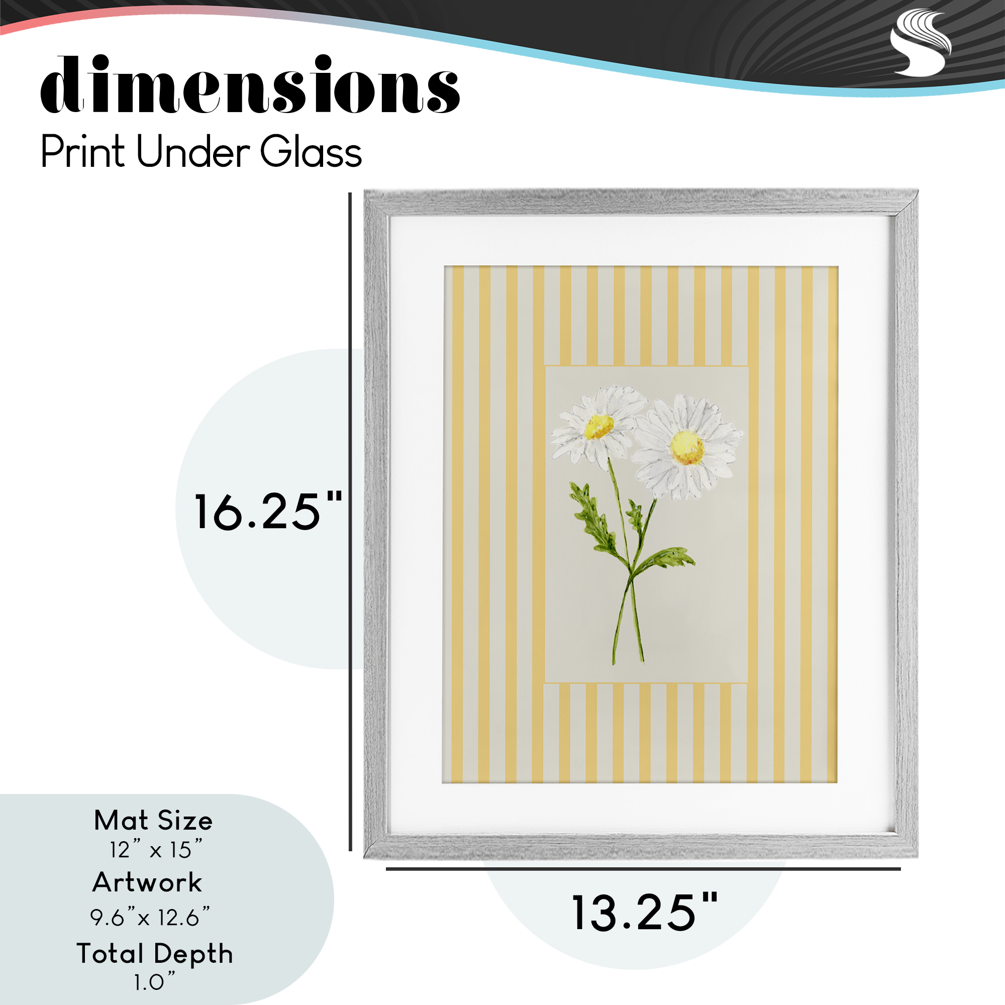 Yellow Stripe Daisy Gray Framed Print Under Glass, design by Lisa Wehmeyer