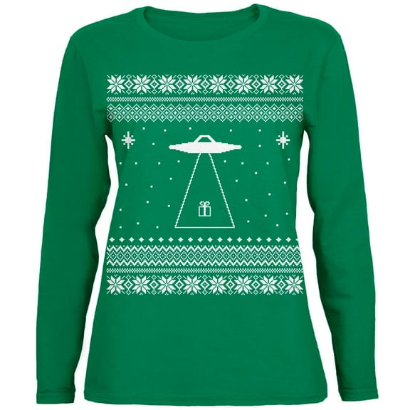 Alien Beam Ugly XMAS Sweater Green Womens Long Sleeve T-Shirt - Medium