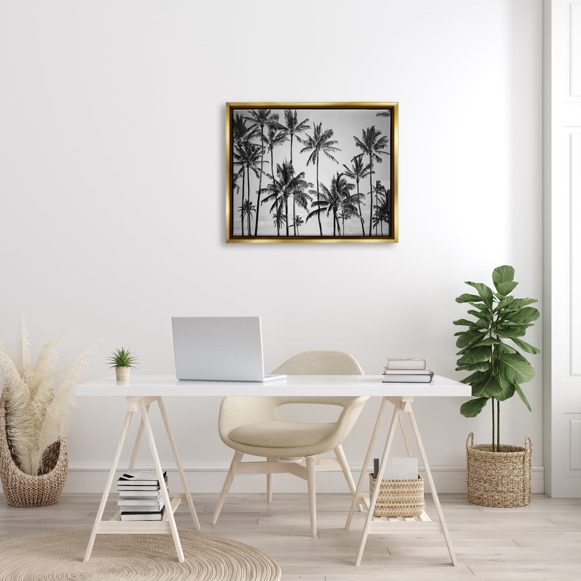 Stupell Industries Palm Trees Skyline Black and White Photography Metallic Gold Framed Floating Canvas Wall Art, 24x30, by Design Fabrikken