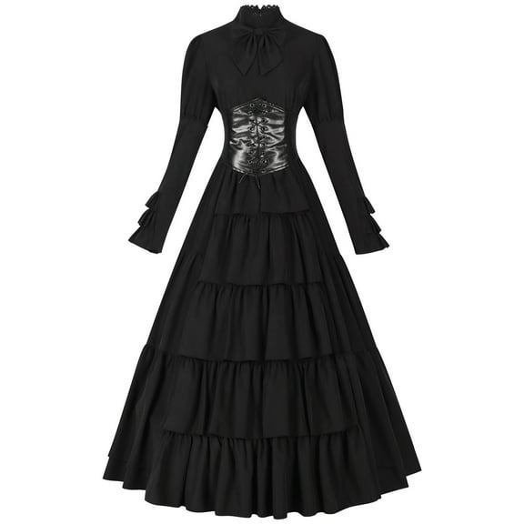 SuTry Women's Medieval Costume Waist Cincher Long Sleeve Dress Captures Medieval Aesthetics Suitable for Themed Events(Black,2XL)
