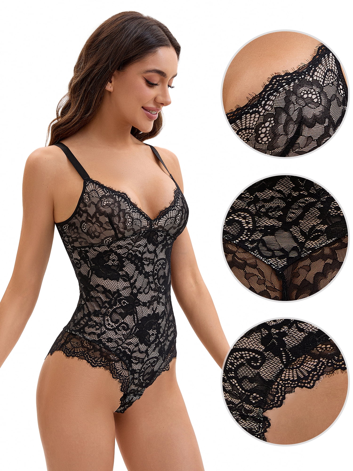 DARING DIVA V-Neck Sleeveless Floral Lace Bodysuit L Black