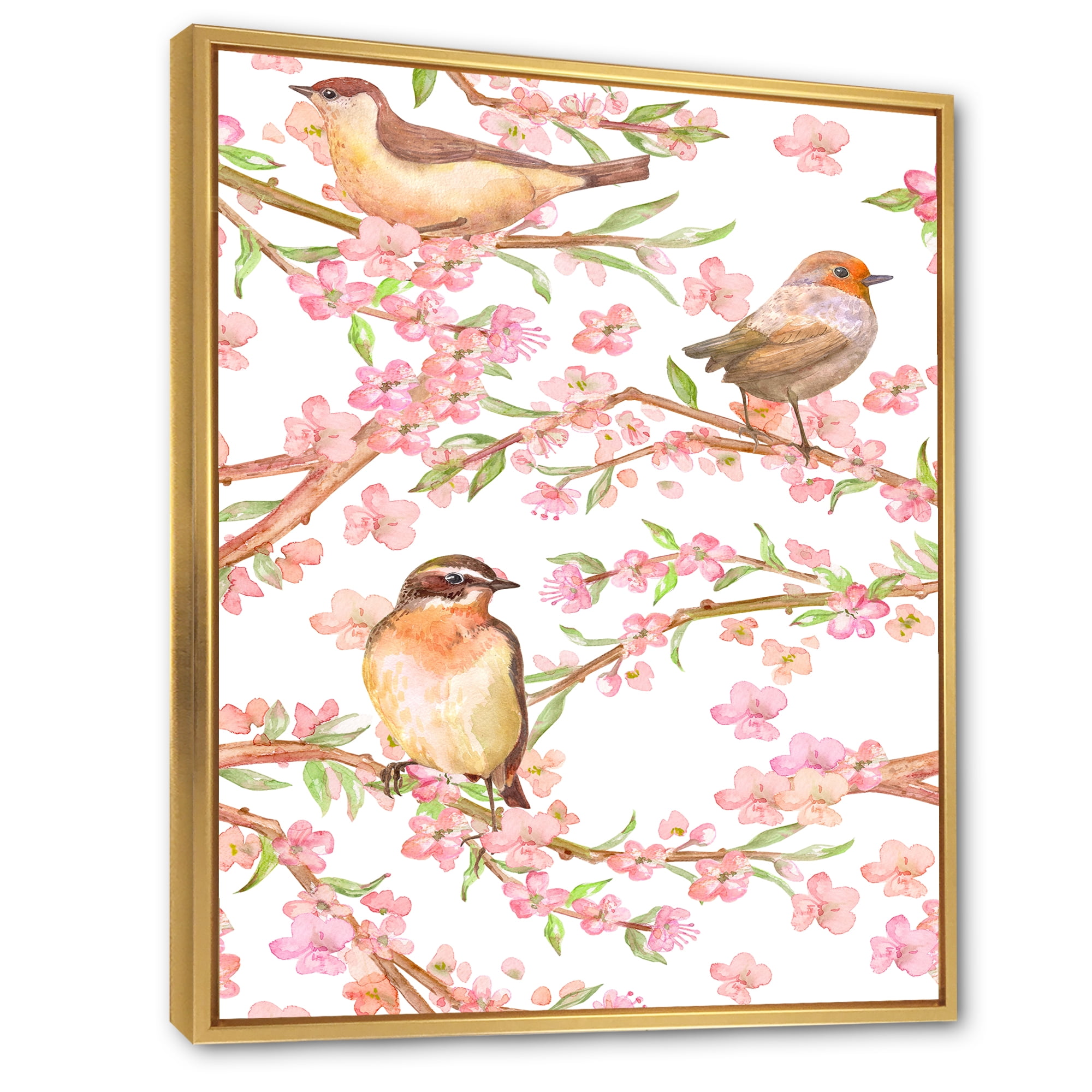 Designart 'Lovely Birds On Branches Of Flowering Almond' Traditional Framed Canvas Wall Art Print