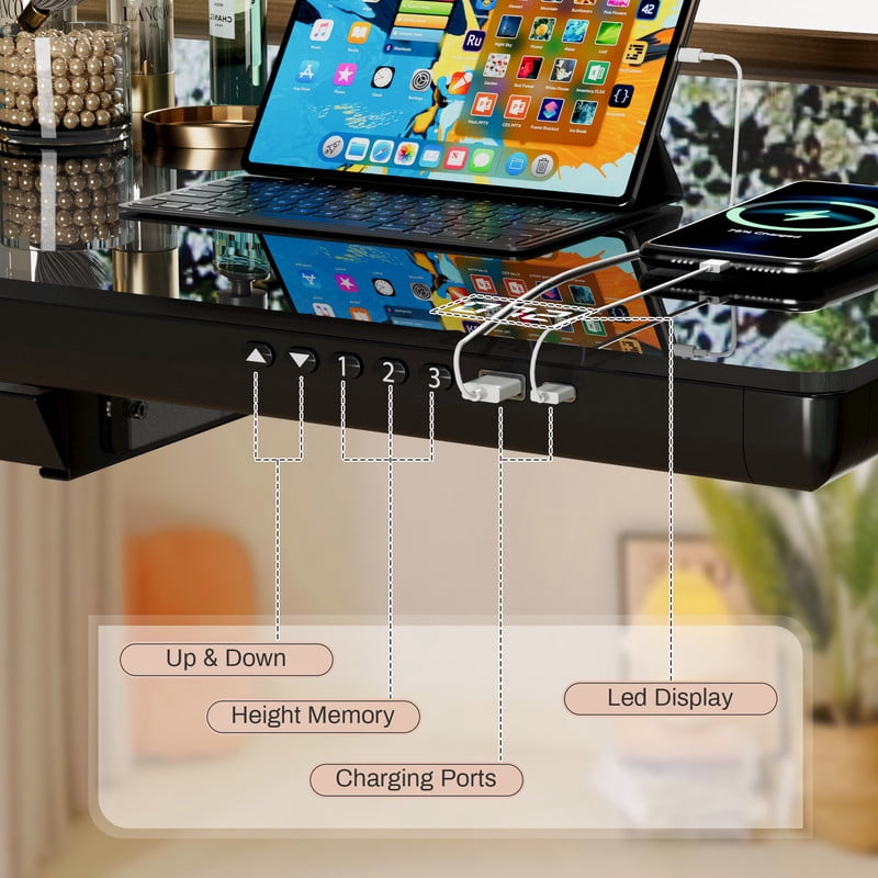 Homall 55" x 24" Glass Top Electric Standing Desk with Drawer, Height Adjustable Desk with Phone Stand & Charging Ports, Sit Stand up for Home Office,Black