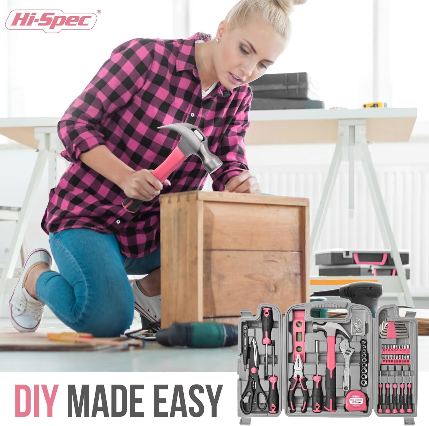 Hi-Spec 54-Piece Pink Tool Kit with Screwdrivers, Wrenches, Hammer & Driver Bits for DIY & Household Repairs