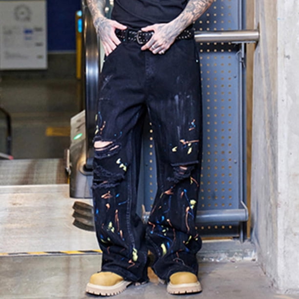 VSSSJ Men's Ripped Destroyed Jeans Pants Splatter Paint Wash Cargo