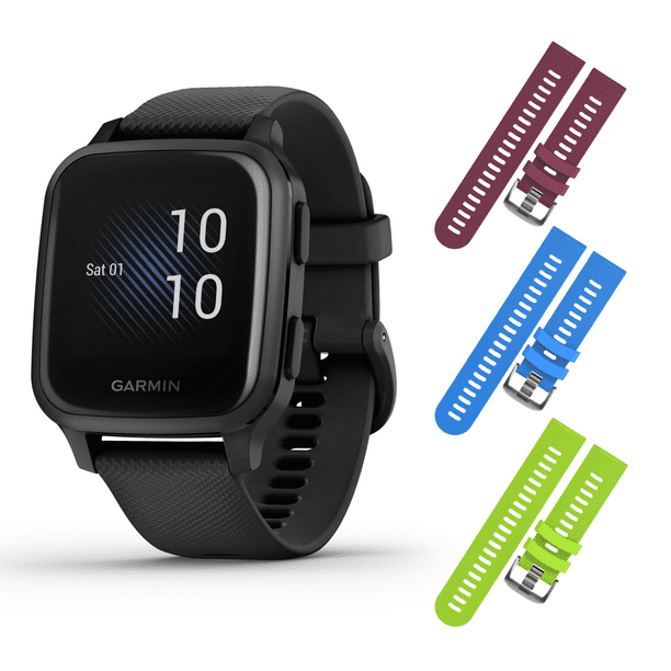 Garmin Venu Sq Music GPS Fitness Smartwatch and Included Wearable4U 3 Straps Bundle (Berry/Blue/Lime, Black/Slate 010-02426-00)