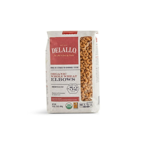 Pack of 12, Delallo Organic Whole Wheat Elbows #52, 16 oz