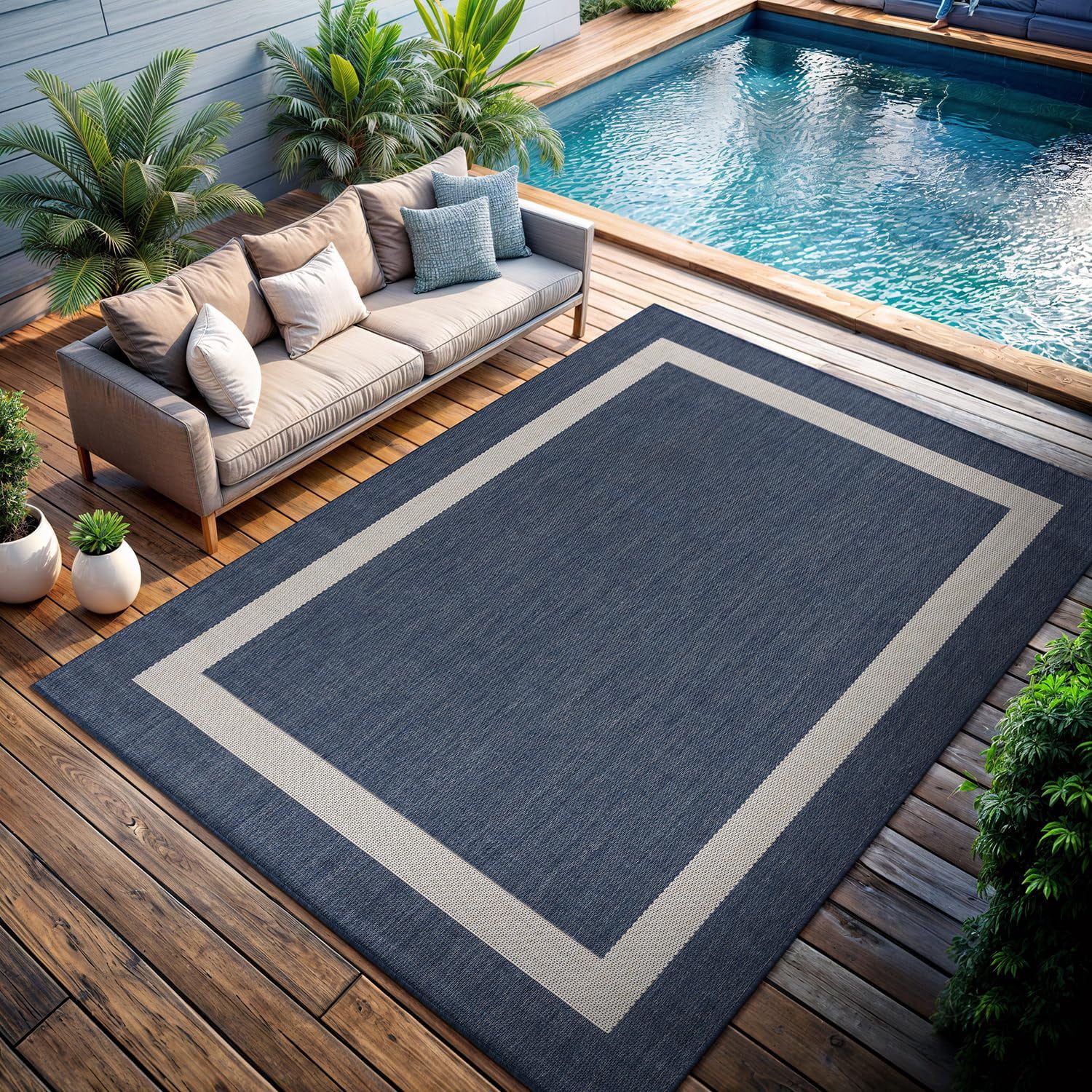Outdoor Rug 5x7  Modern Outside Rugs For Patios Porches Waterproof Durable Washable Non-shedding Easy-to-clean Indoor Area Carpet (5 X 7 Bordered - Blue/white)
