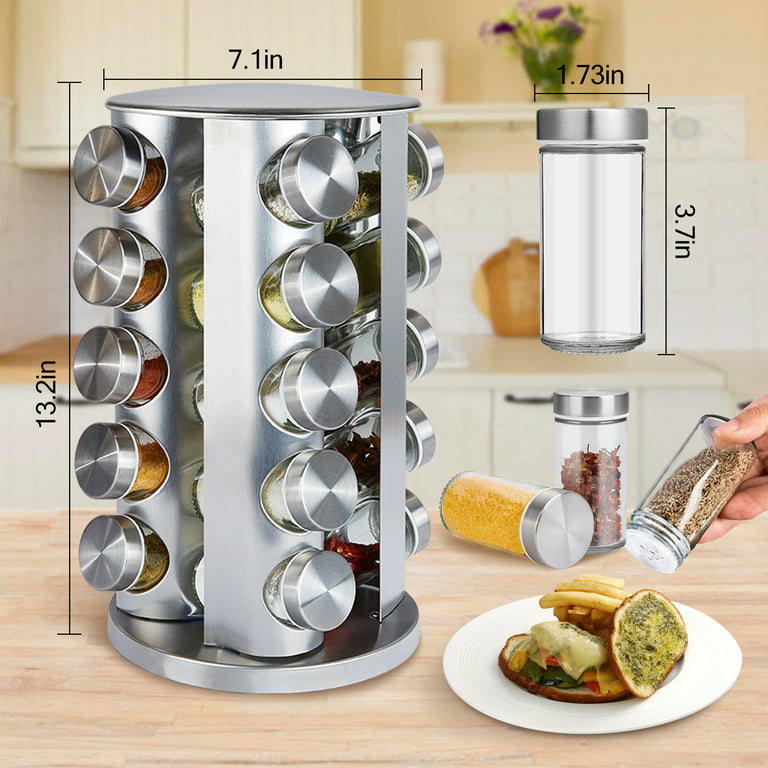 Spice Rack with 20 Jars, Rotating Spice Rack Organizer, Seasoning Organizer  with Labels, Stainless Steel Spice Carousel for Kitchen Countertop, Black