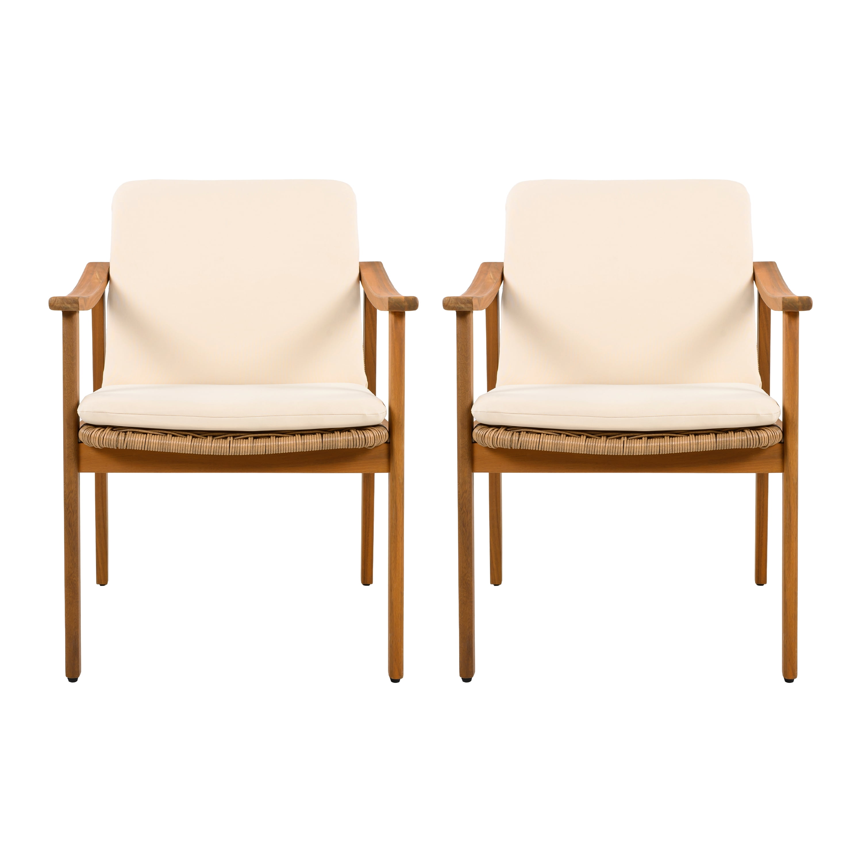 Outdoor Dining Chairs Set of 2, Teak Color Acacia Wood Frame Brown PE Wicker Beige Waterproof Cushion, Teak