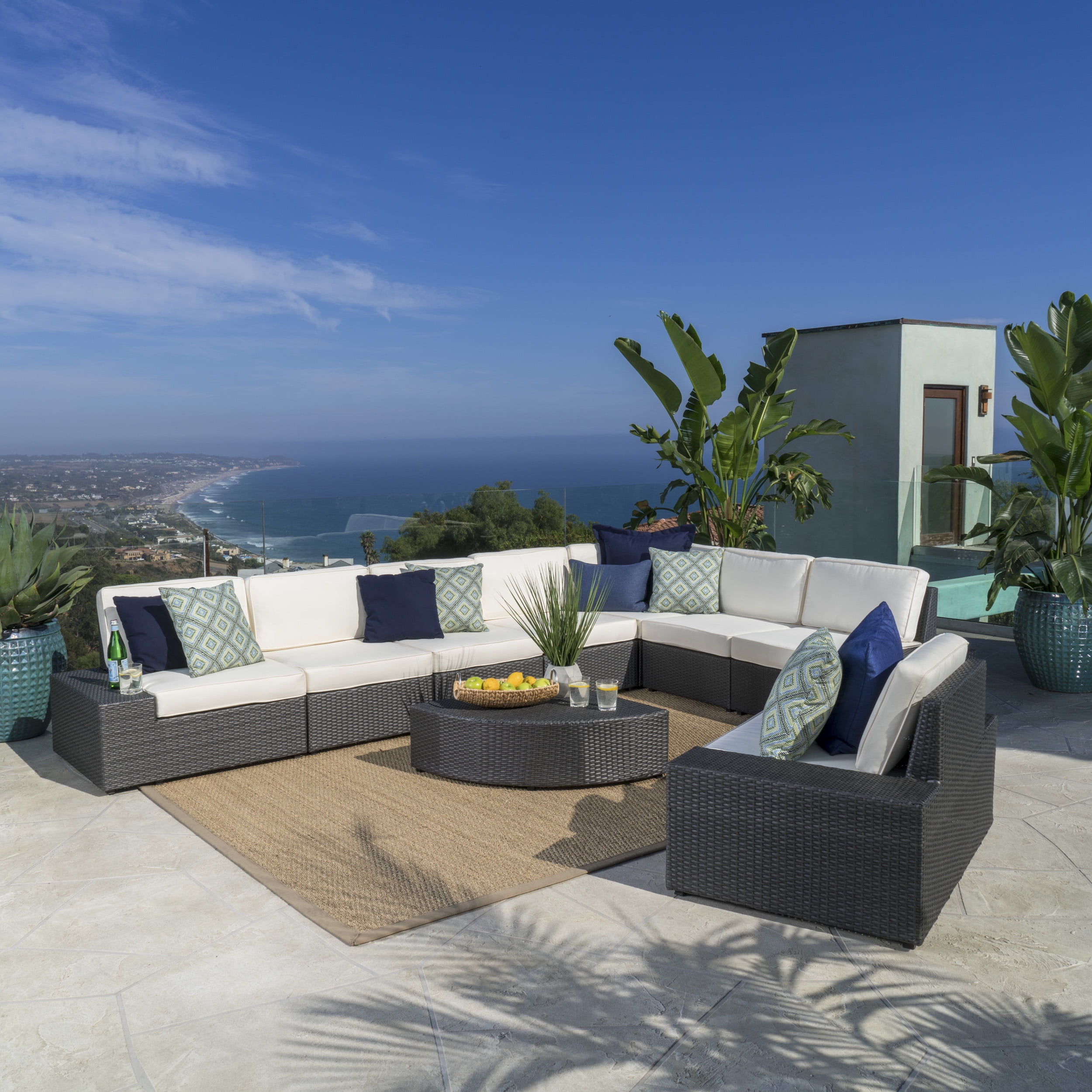 Keyston Outdoor 9 Piece Wicker Sectional with Cushions (8 Piece Sectional with Club Chair), Grey, White