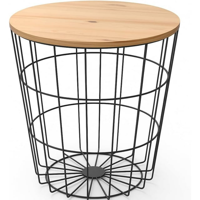Mesa Auxiliar Redonda de Madera y Metal Negro Diseño de Cesto con Tapa Extraíble | Mesa Lateral Moderna para Sala, Recámara o Estudio, Ideal para Decoración y Almacenamiento.