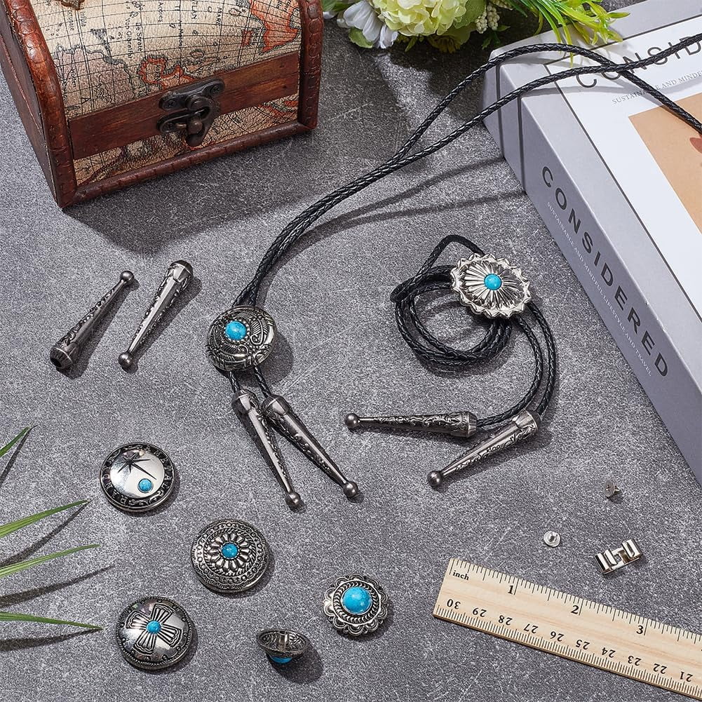 1 Set 28Pcs Bolo Tie Findings Kit Bolo Tie Tips Replacement Kit Bolo Tie Buckle Accessories with 14Pcs Alloy Cord End 7Pcs Bolo Tie Slide Clasps and 7Pcs Alloy Turquoise Buttons for Bolo Tie Making
