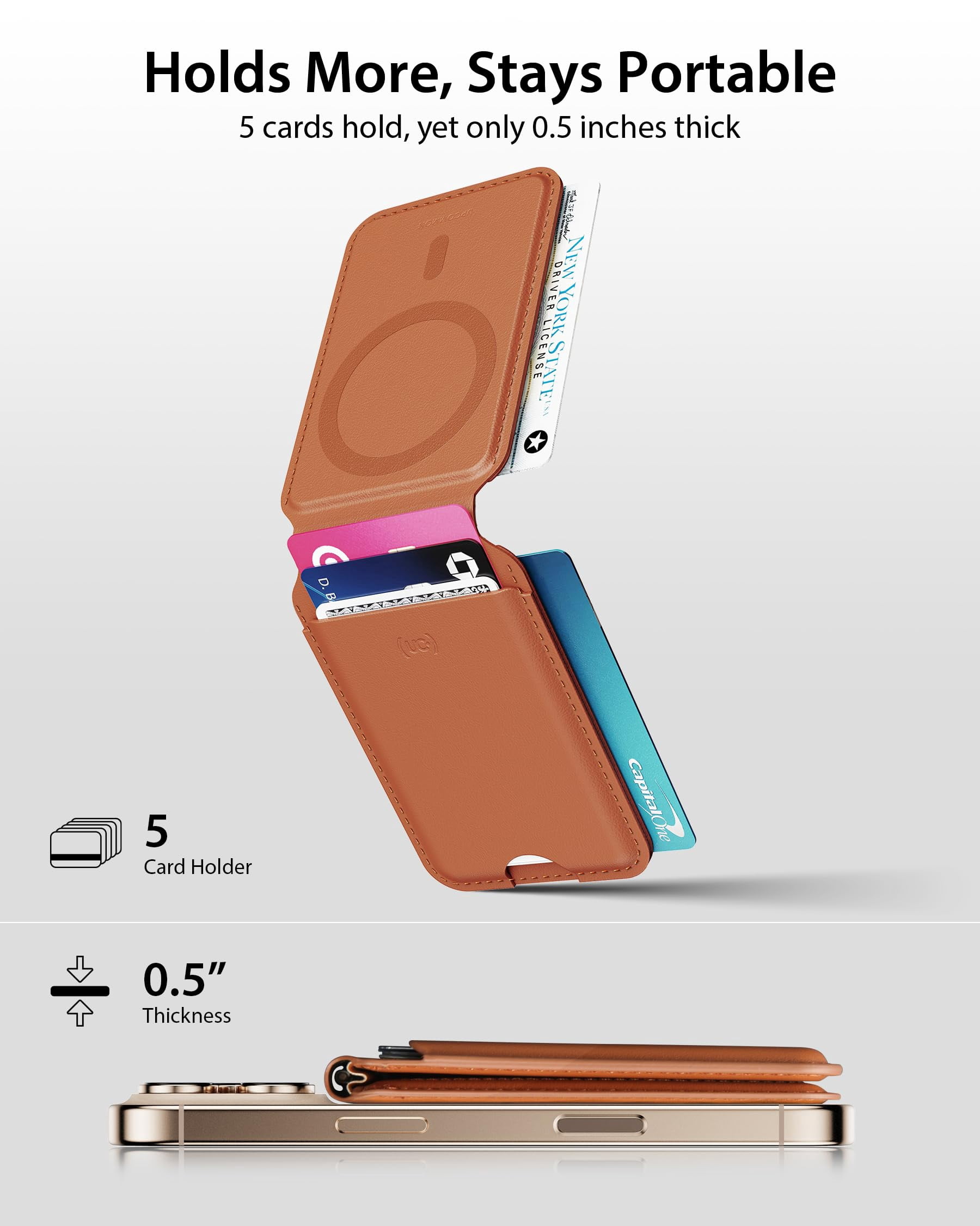 Upcommon Enclave Wallet Stand for iPhone 17/16/15/14/13/12 Series, Compatible with MagSafe, Magnetic 5 Card Holder, Adjustable Stand, RFID Blocking, Microfiber Leather (Tan)