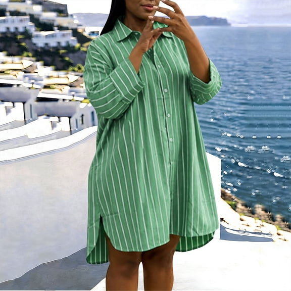 Blmnix Button Down Dress for Women Polo Short Dress Striped Dress Under Dress Green Long Sleeve Collared Mini Womens Summer Dresses Casual XL