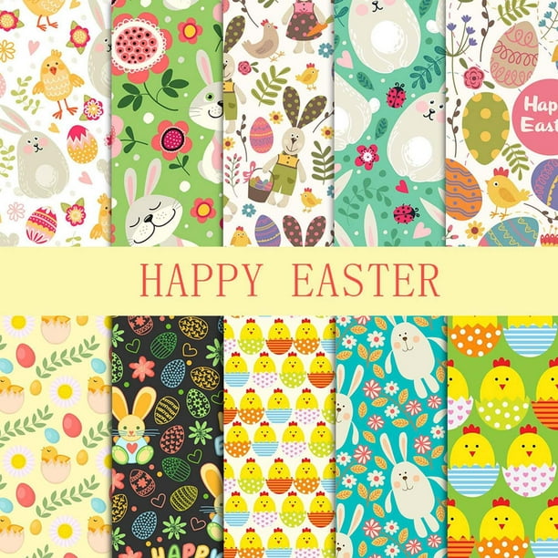 Fasiaou 10Pcs Easter Cotton Fabric Bundles Easter Bunny Egg Carrot Flower Fat Quarters Pastel Easter Spring Quilting Patchwork for DIY Handmade Craft Party Decor, 25 x 25 cm